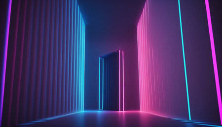 3d render, abstract minimal background, vertical pink blue neon lines, glowing in ultraviolet spectrum. Cyber space. Laser show. Futuristic wallpaperの素材