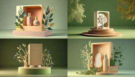 3D podium display, Christmas background. Beauty product, cosmetic presentation. Gold, glitter ornament. Nature green Christmas tree branch. New Year studio abstract pedestal (1)の素材