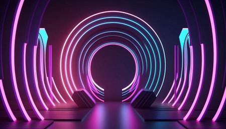 3d rendering, rounded pink blue neon lines, glowing in the dark. Abstract minimalist geometric background. Ultraviolet spectrum. Cyber space. Futuristic wallpaper (1)の素材
