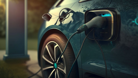 Close up of electric car charging ecology transportationの素材