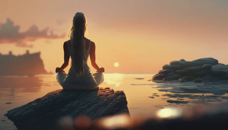 Beautiful woman practicing yoga near the sea Young girlの素材