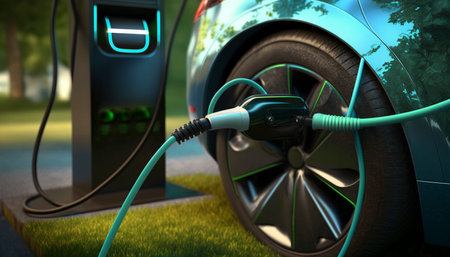 Close up of electric car charging ecology transportationの素材