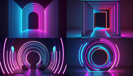 3d rendering, rounded pink blue neon lines, glowing in the dark. Abstract minimalist geometric background. Ultraviolet spectrum. Cyber space. Futuristic wallpaper (1)の素材