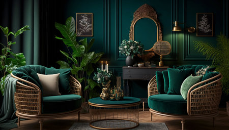 Home interior with rattan furniture and decor in dark green living roomの素材