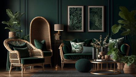 Home interior with rattan furniture and decor in dark green living roomの素材