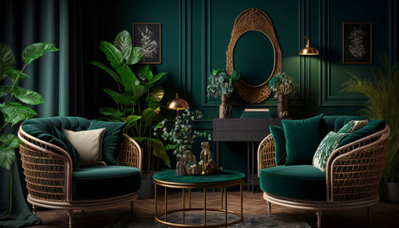 Home interior with rattan furniture and decor in dark green living roomの素材