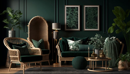 Home interior with rattan furniture and decor in dark green living roomの素材