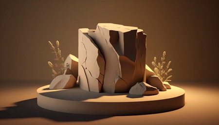 podium stone display on brown background, Ai generativeの素材