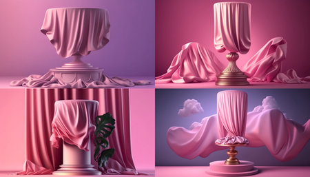 pink background with pedestal and flying silk cloth curtの素材