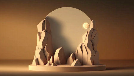 podium stone display on brown background, Ai generativeの素材