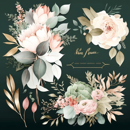 Watercolor floral bouquet set with green leaves, pink peach blush white flowers, leaf branches, for wedding invitations, greetings, wallpapers, fashionの素材