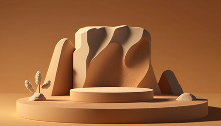 podium stone display on brown background, Ai generativeの素材