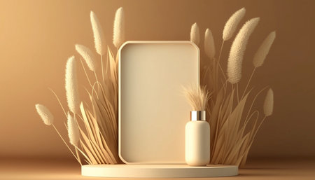 podium display on beige background and dry pampas , Ai generativeの素材