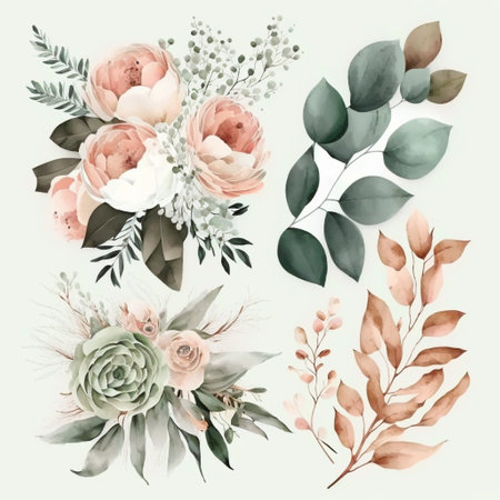 Watercolor floral bouquet set with green leaves, pink peach blush white flowers, leaf branches, for wedding invitations, greetings, wallpapers, fashionの素材
