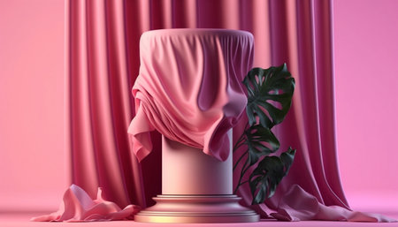pink background with pedestal and flying silk cloth curtの素材