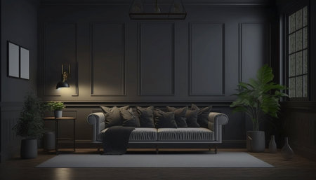 Blank wall in dark farmhouse living room interior Ai generativeの素材