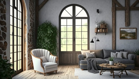 Farmhouse living room interior background wall mockup Ai generativeの素材