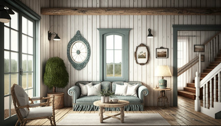 Farmhouse living room interior background wall mockup Ai generativeの素材