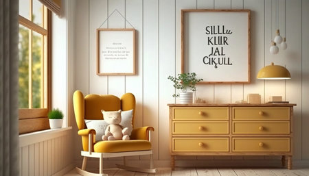 Mock up frame in children room with natural woodenの素材