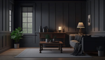 Blank wall in dark farmhouse living room interior Ai generativeの素材