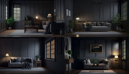 Blank wall in dark farmhouse living room interior Ai generativeの素材