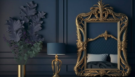 Frame mockup in cozy dark classic blue bedroom interiorの素材