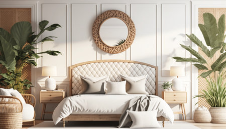 Home mockup bedroom interior background with rattan furnishの素材
