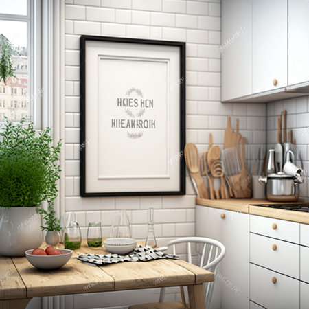 Frame mockup in Scandinavian kitchen interior 3d renderの素材