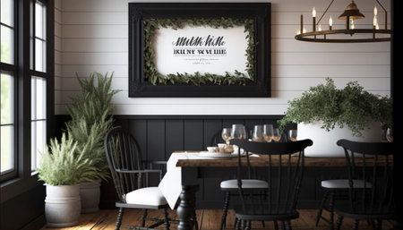 Horizontal black frame mockup in farmhouse dining roomの素材