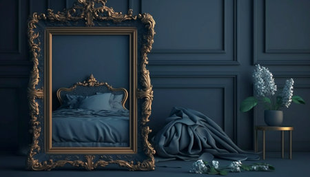 Frame mockup in cozy dark classic blue bedroom interiorの素材
