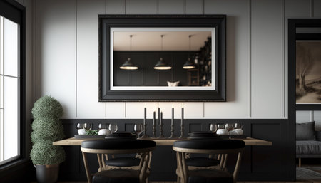 Horizontal black frame mockup in farmhouse dining roomの素材