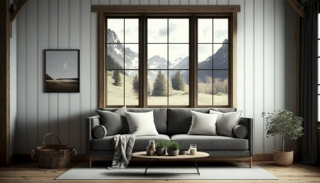 Home mockup farmhouse living room interior backgroundの素材