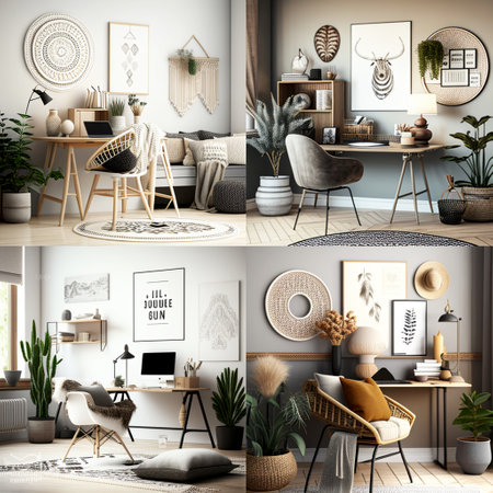Home office wall mockup in Scandi-boho style living roomの素材