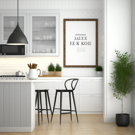 Frame mockup in Scandinavian kitchen interior 3d renderの素材