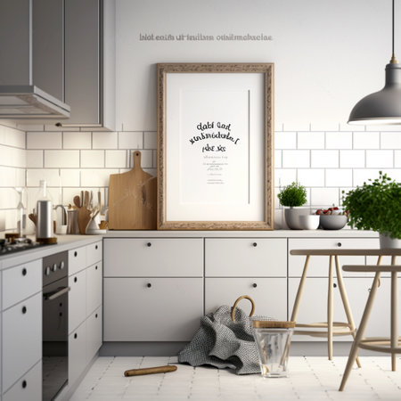 Frame mockup in Scandinavian kitchen interior 3d renderの素材