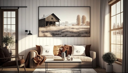 Farmhouse living room interior background wall mockup Ai generativeの素材