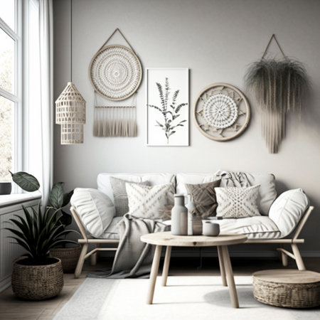 Scandi Boho living room interior wall mockup 3d renderの素材