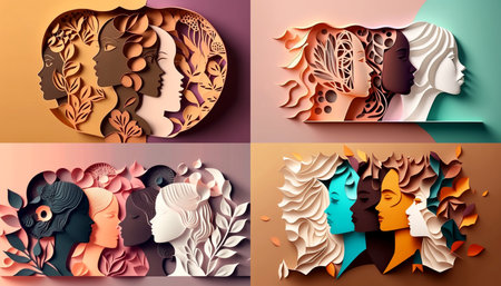 Womens Day poster with silhouettes of multicultural womenの素材