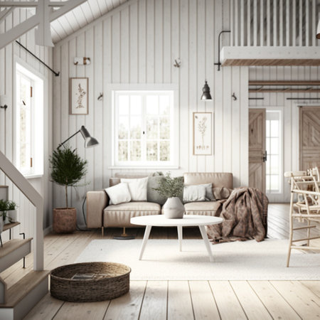 Scandinavian farmhouse living room interior wall mockupの素材