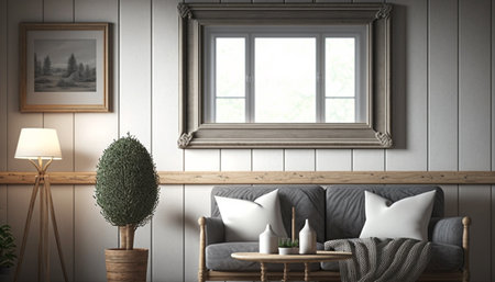 Old wooden frame mockup in Scandinavian farmhouse livingの素材