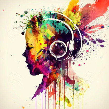 Creative music background Colorful head wearing headphoe ai generatedの素材