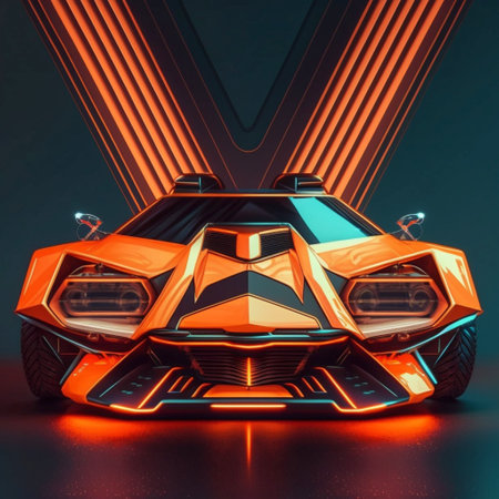 Front angle view of futuristic neon orange illuminated car ai generativeの素材