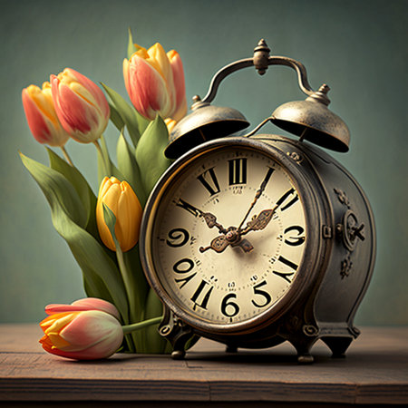 Alarm clock with tulips, Ai generated fileの素材
