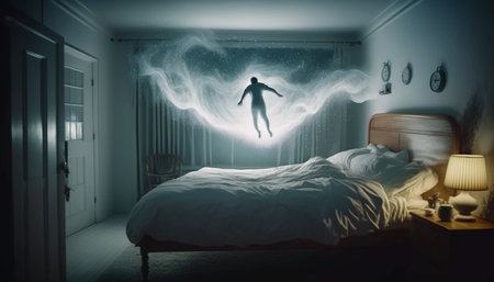 Astral body levitate over bed in the bedroom. Soul flies out of the sleeping person. Travel to another world after lifeの素材