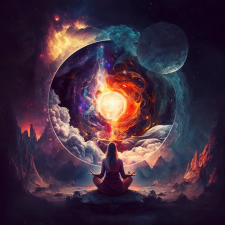 Woman practices yoga and meditation with space energy, fantasy viewの素材
