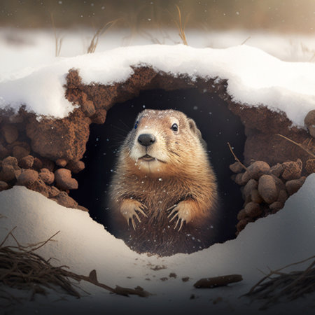 Happy Groundhog Day. Groundhog emerges from a snowy hole after hibernationの素材