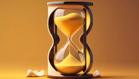 Hourglass on the yellow background with copy space. Concept of running out of time and deadlineの素材