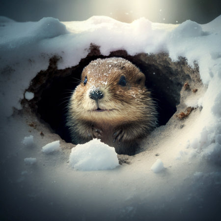 Happy Groundhog Day. Groundhog emerges from a snowy hole after hibernationの素材