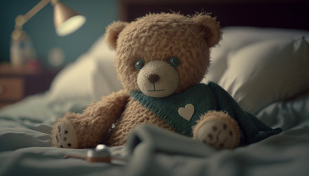 Teddy bear with bandage laying in bedの素材