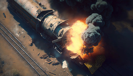 Train crash accident, aerial view. Broken wagons and damaged locomotive in fire on the railwayの素材